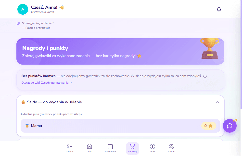 Ekran punktów w aplikacji Dom — saldo, ranking rodziny i nagrody