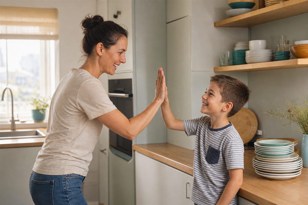 Mama przybija piątkę synowi po wykonanym obowiązku w kuchni